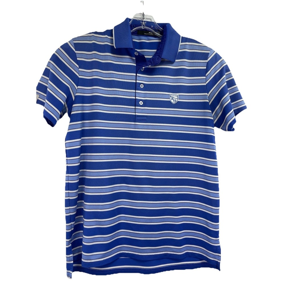 RLX/Round Hill C.C. Mens Medium Blue/White Striped Golf Polo Shirt (B16) EUC